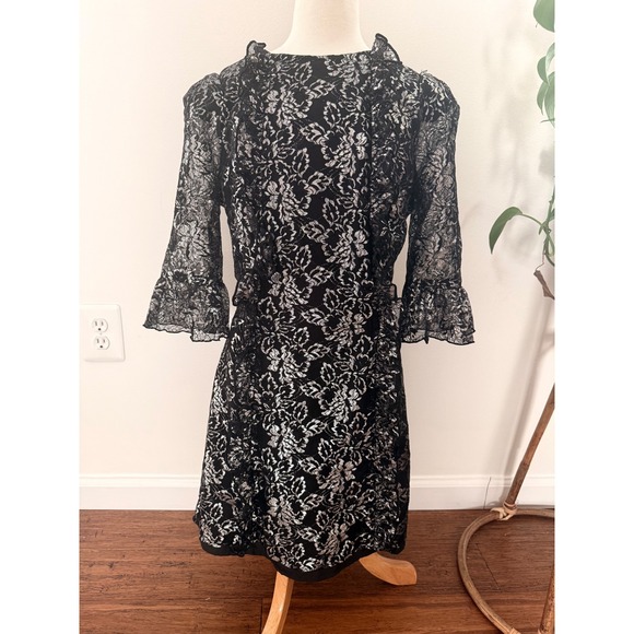 The Vampires Wife x H&M Black Silver Lace Mini Dress Ruffle Sleeve Size Medium - Picture 2 of 8